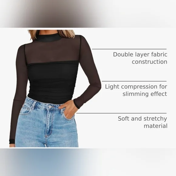 Zeagoo Womens Mesh Sheer Long Sleeve Top Mock Turtle Neck See Though Size Small - Picture 2 of 7